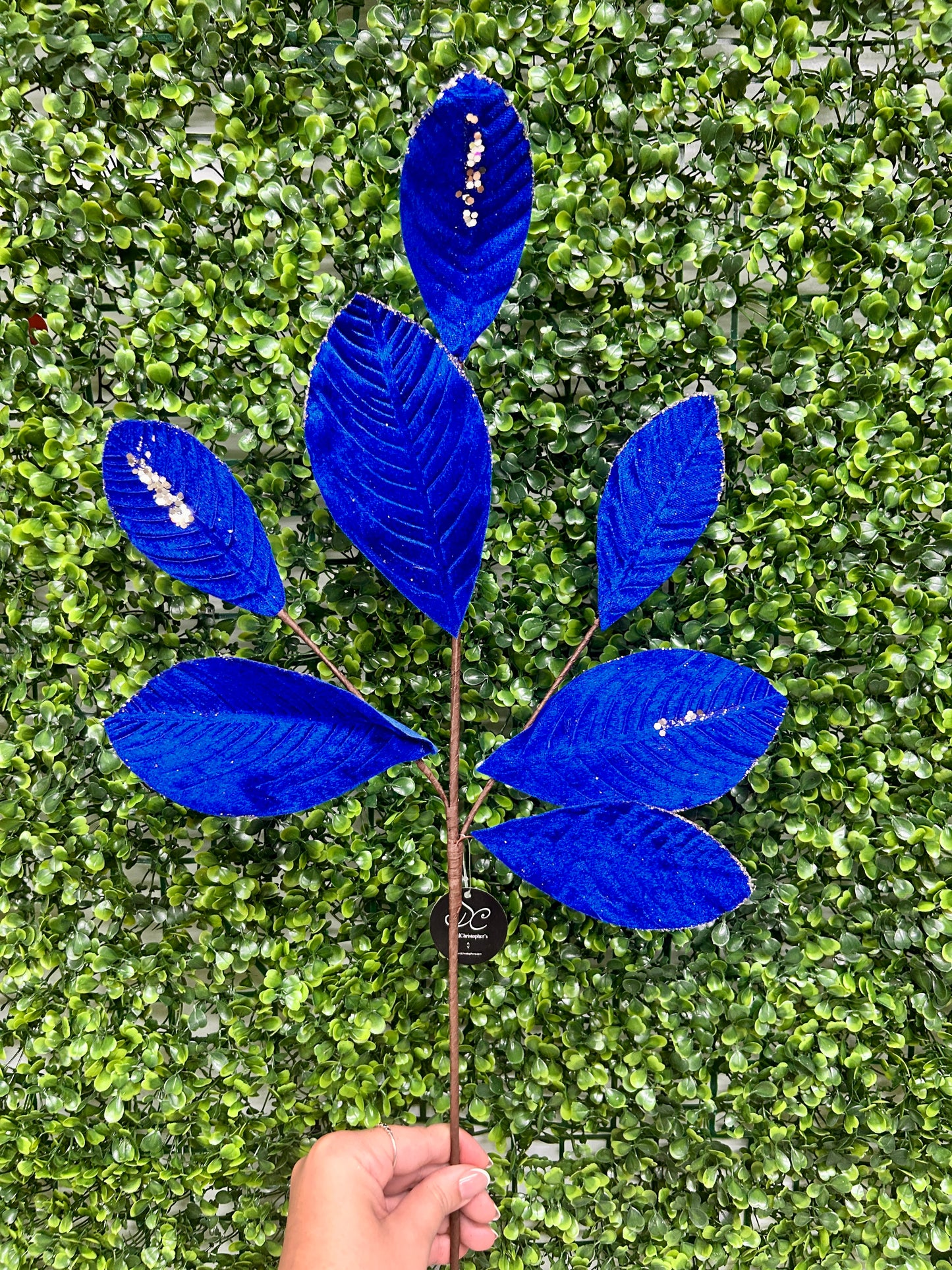 26 Inch Royal Blue Velvet Sequin Magnolia Leaf Spray