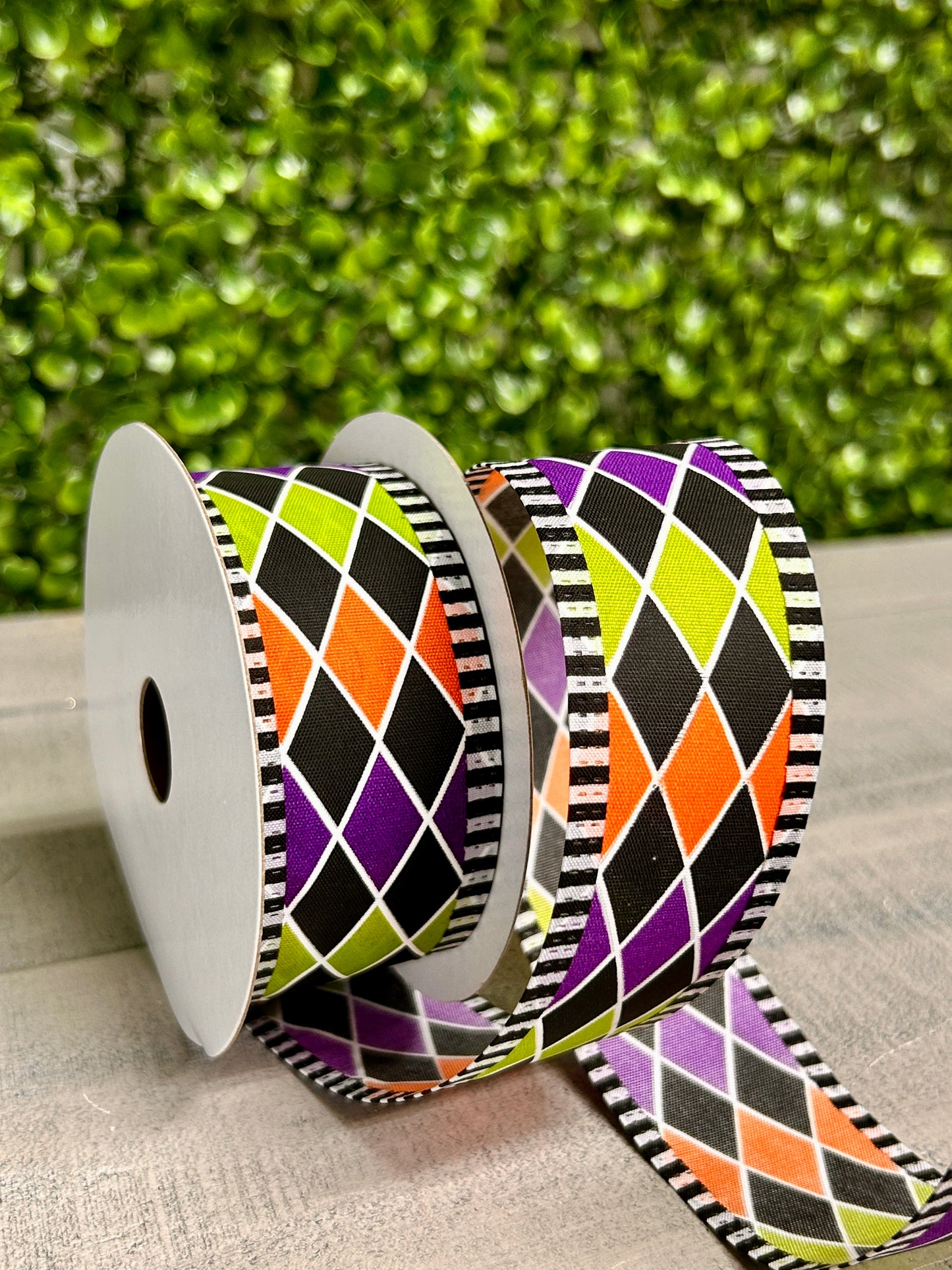 1.5 Inch By 10 Yards Orange Purple Green Black Harlequin Ribbon