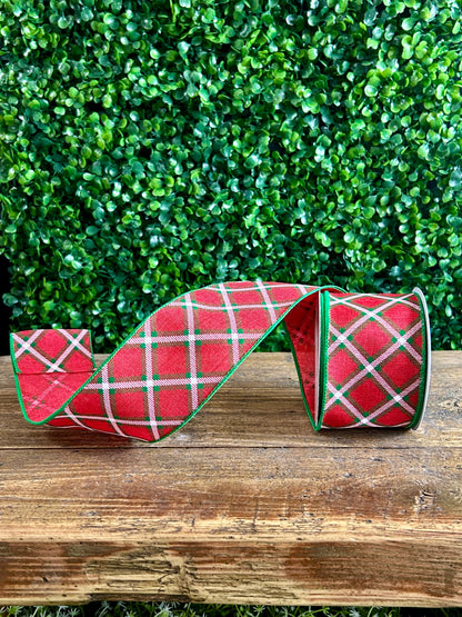 2.5 Inch By 10 Yard Red And Green Lattice Pattern Check Linen Ribbon