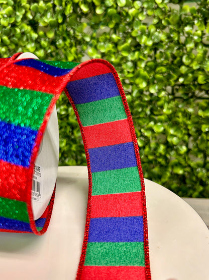 1.5 Inch By 10 Yard Red Emerald And Royal Blue Horizontal Glitter Stripes Ribbon