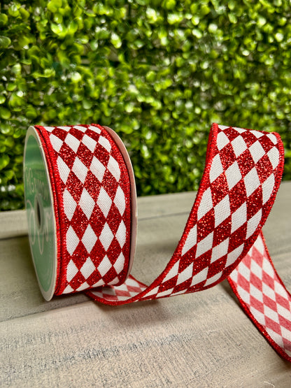 1.5 Inch By 10 Yard Red And White Glitter Harlequin Ribbon