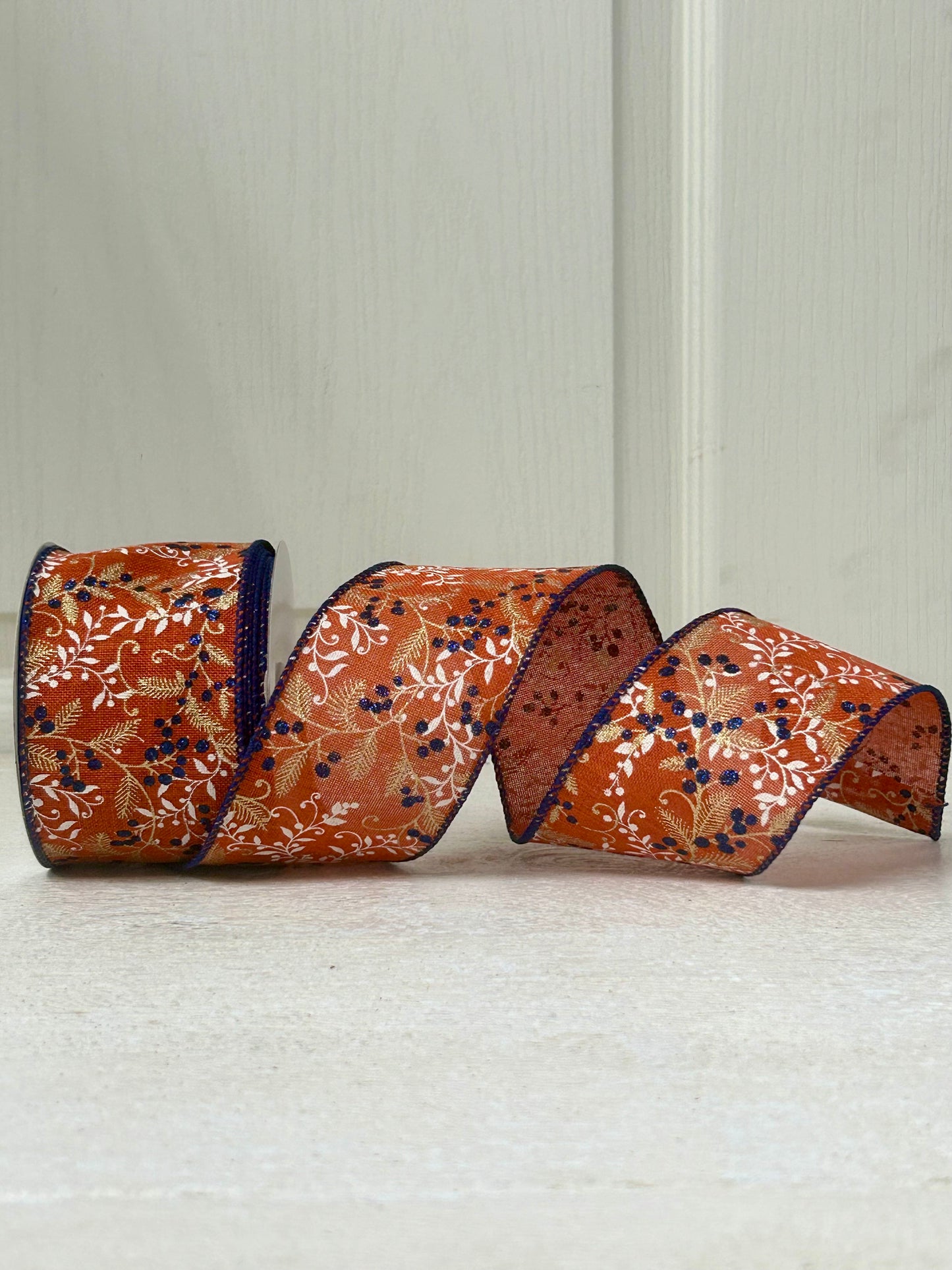 2.5 Inch By 10 Yard Rust Linen With Ivory And Gold Vines And Navy Glitter Berries And Navy Edging Ribbon