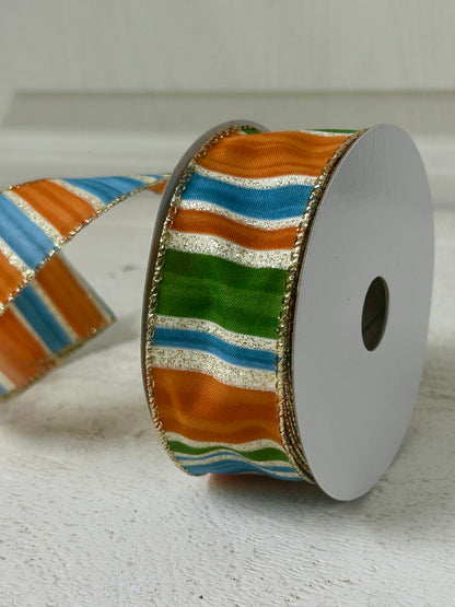 1.5 Inch By 10 Yard Rust Blue Moss And Gold Glitter Painted Stripes Ribbon