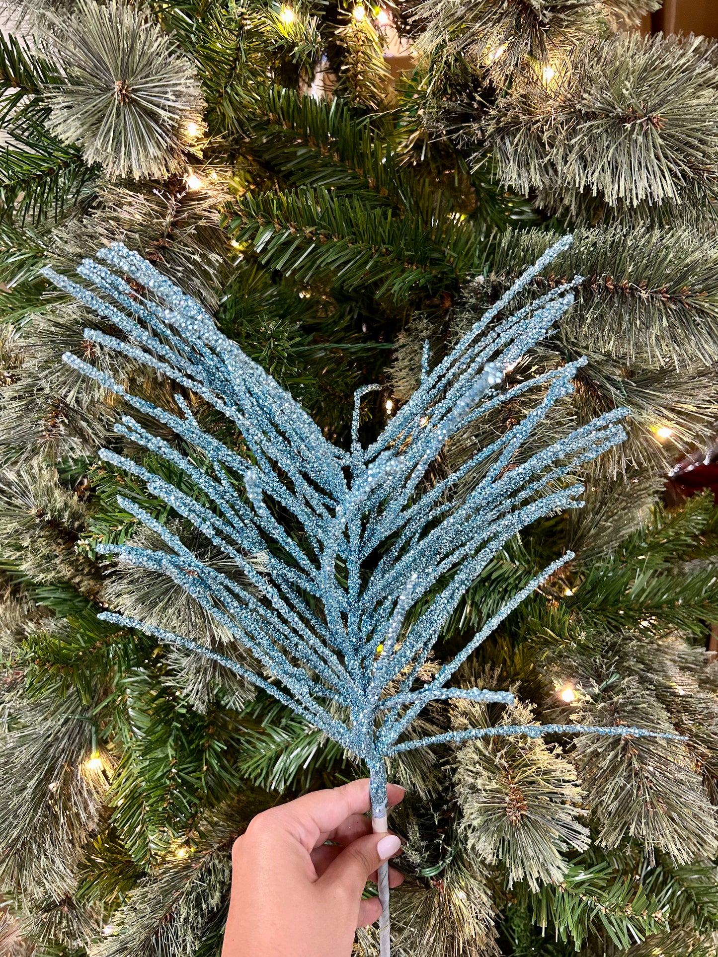 24 Inch Aqua Glitter Pine Needle Berry Stem