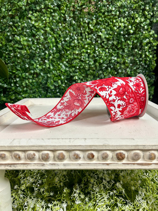 2.5 Inch By 10 Yard Red And White Chinoiserie Floral Ribbon