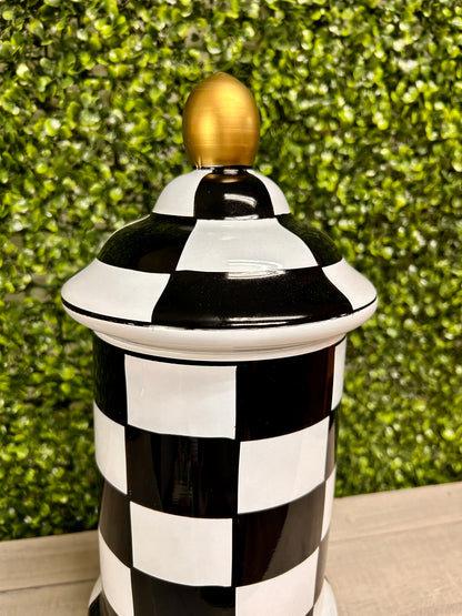15 Inch Black And White Check Glass Jar