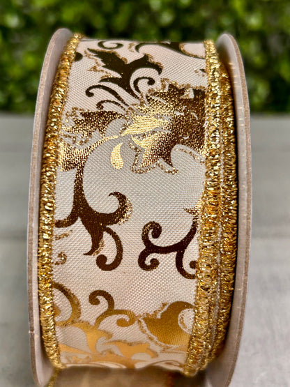1.5 Inch By 10 Yard Gold And White Metallic Foil Swirl Leaf Ribbon