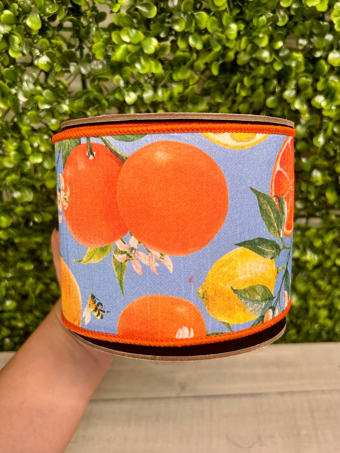 4 Inch By 10 Yard Blue Orange And Yellow Watercolor Citrus And Blossoms Dupioni Ribbon