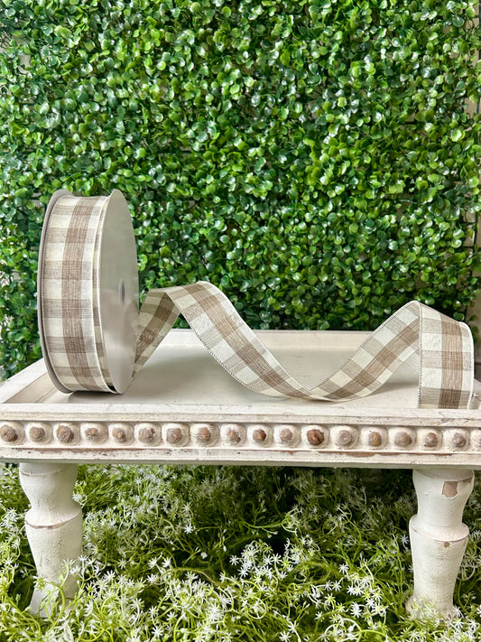 1.5 Inch By 50 Yard Cream And Brown Woven Check Ribbon