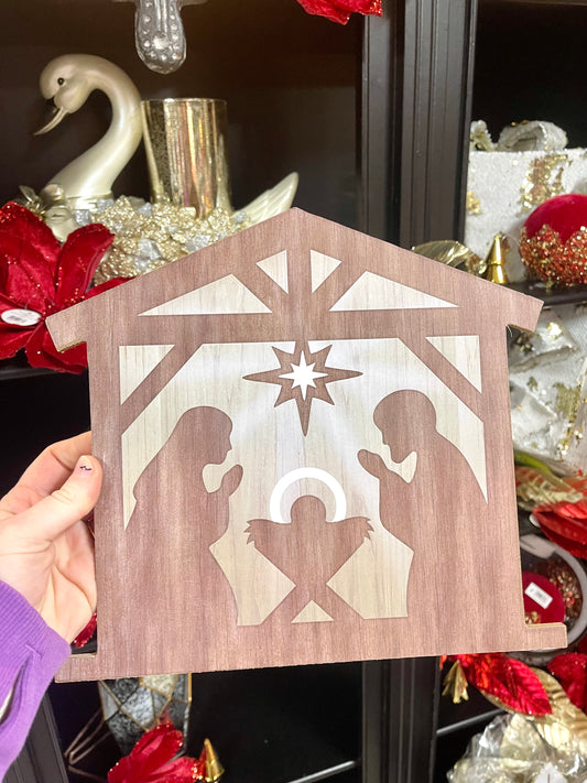 Nativity Scene Brown And Natural Wooden Sign
