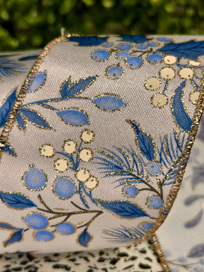 2.5 Inch By 10 Yard Champagne And Blue Holly Berry Pine Ribbon