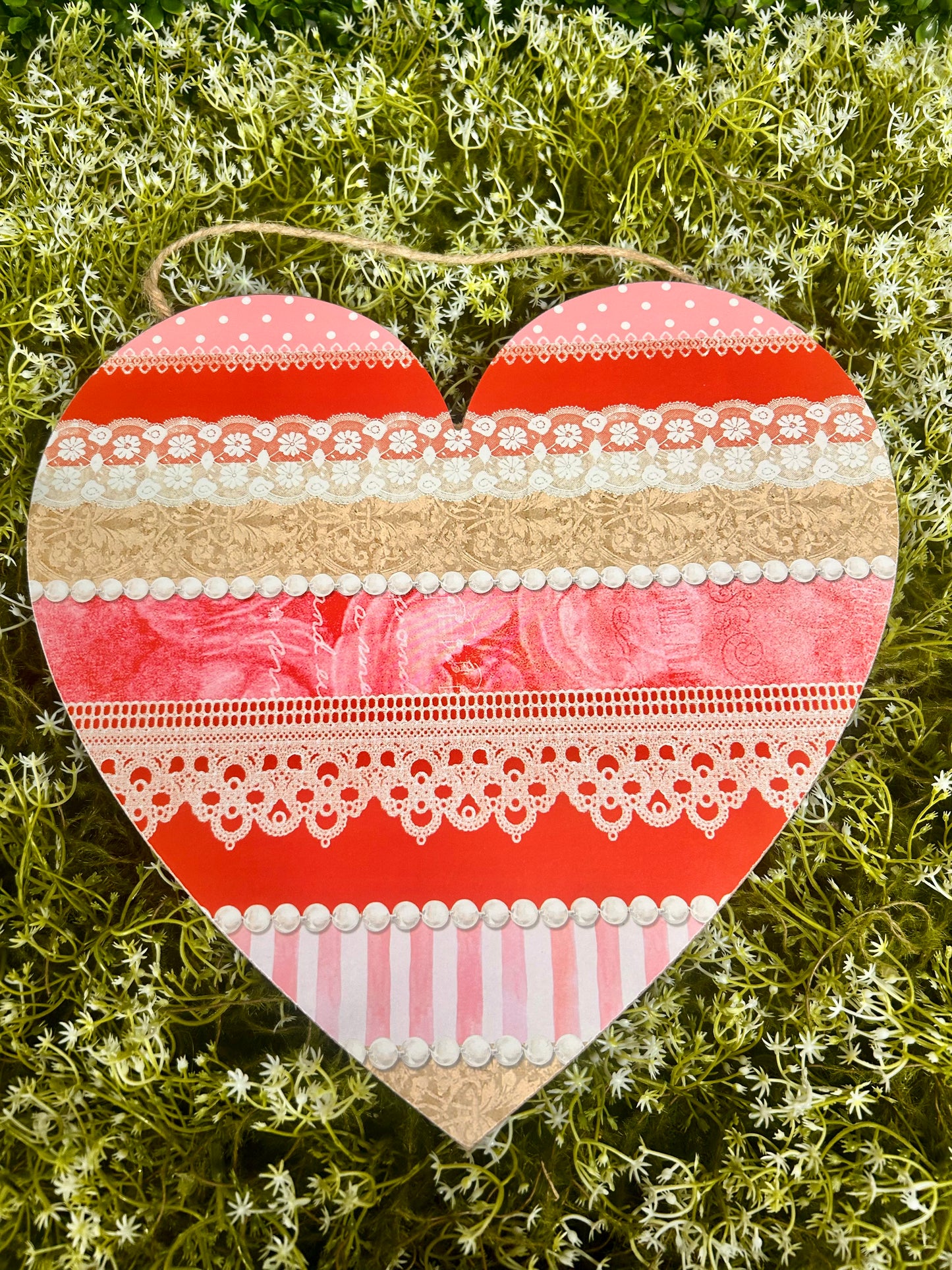 12 Inch Red And Pink Striped Pattern Heart Wood Sign