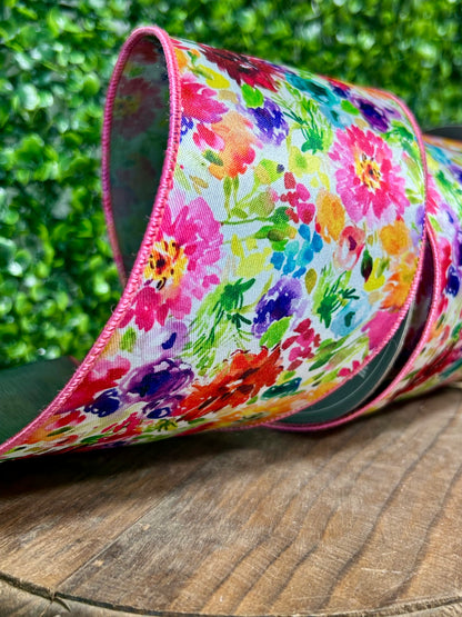 4 Inch By 10 Yard Multicolor Floral Impressions Deluxe Wired Edge Ribbon