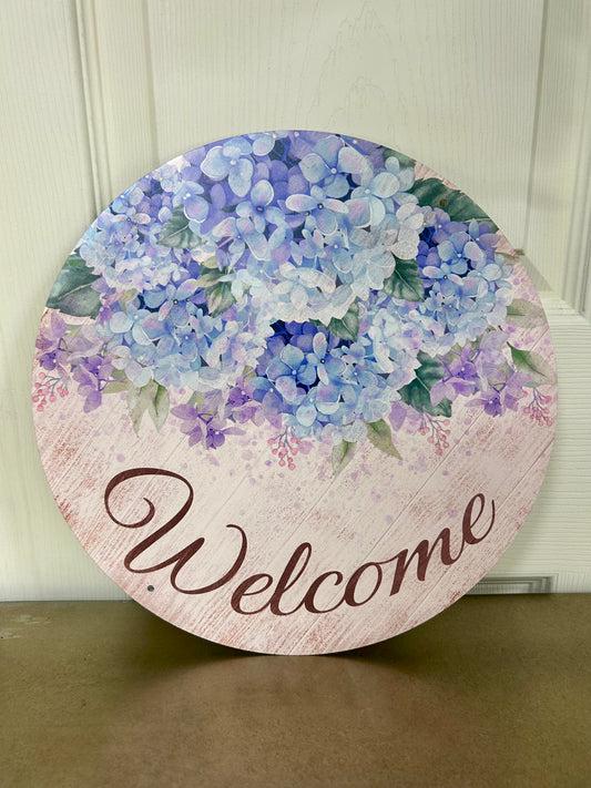 12 Inch Metal Welcome Hydrangea Sign