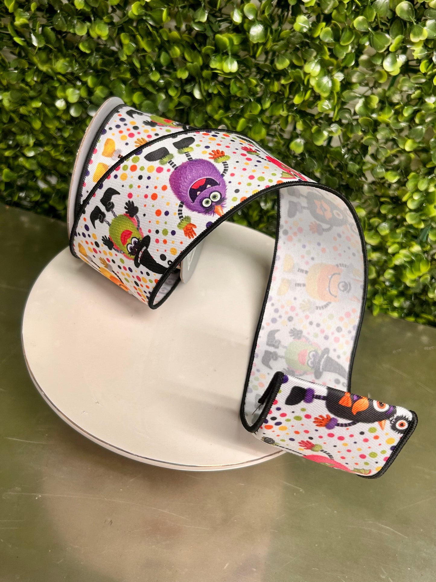2.5 Inch By 10 Yard Multicolor Halloween Monsters On White Background Ribbon