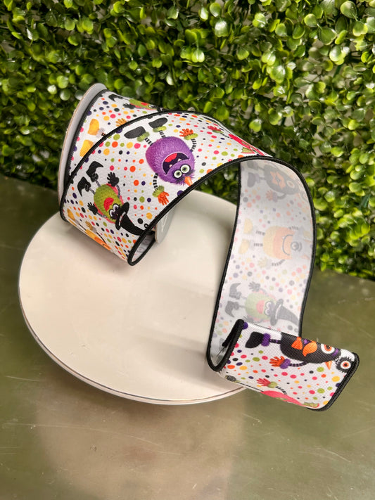 2.5 Inch By 10 Yard Multicolor Halloween Monsters On White Background Ribbon