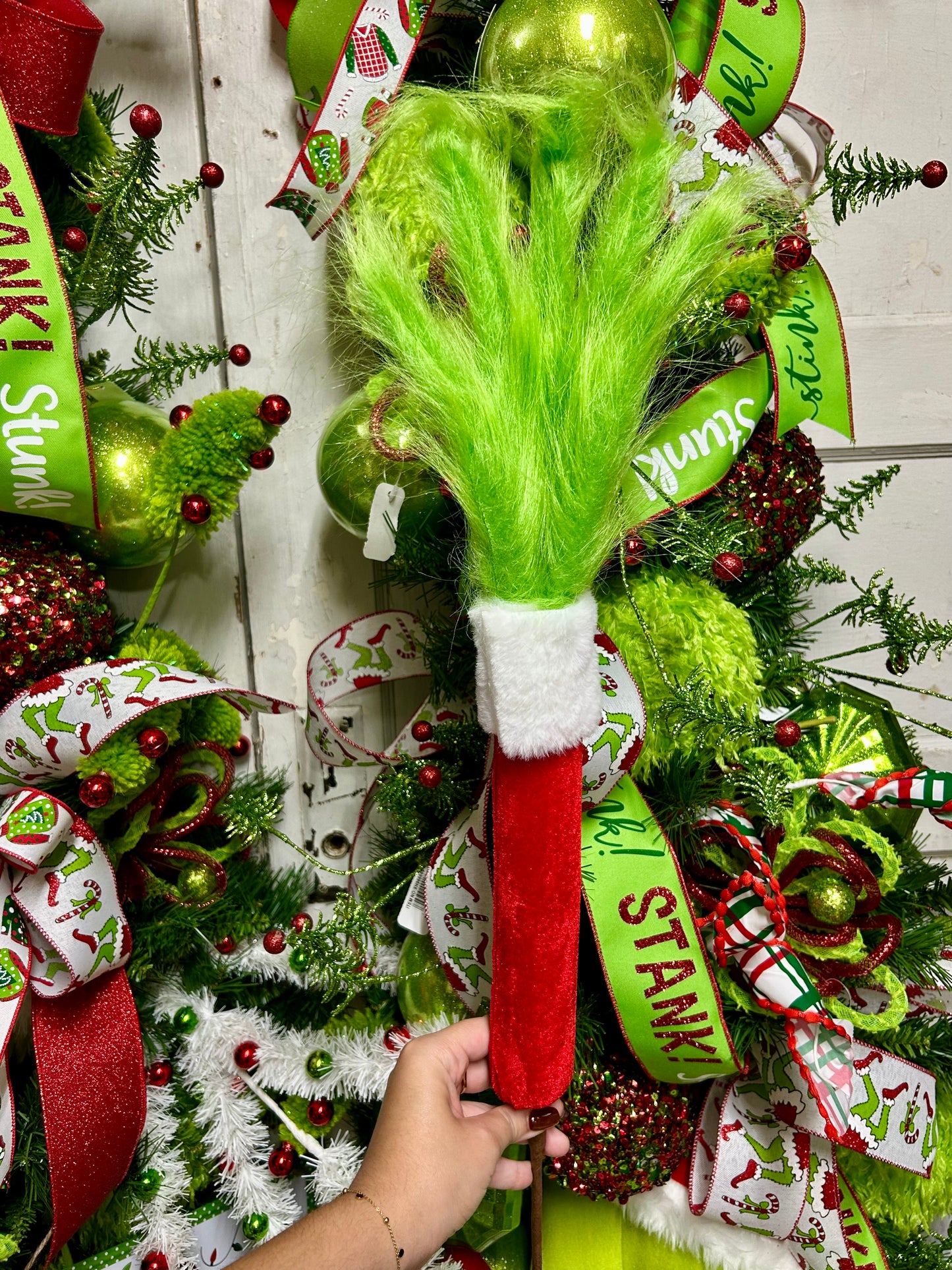 28 Inch Green White And Red Furry Fabric Velvet Arm And Hand Pick