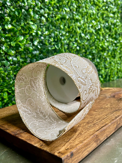 2.5 Inch By 10 Yard Champagne And Gold Holly Berry Leaf Ribbon