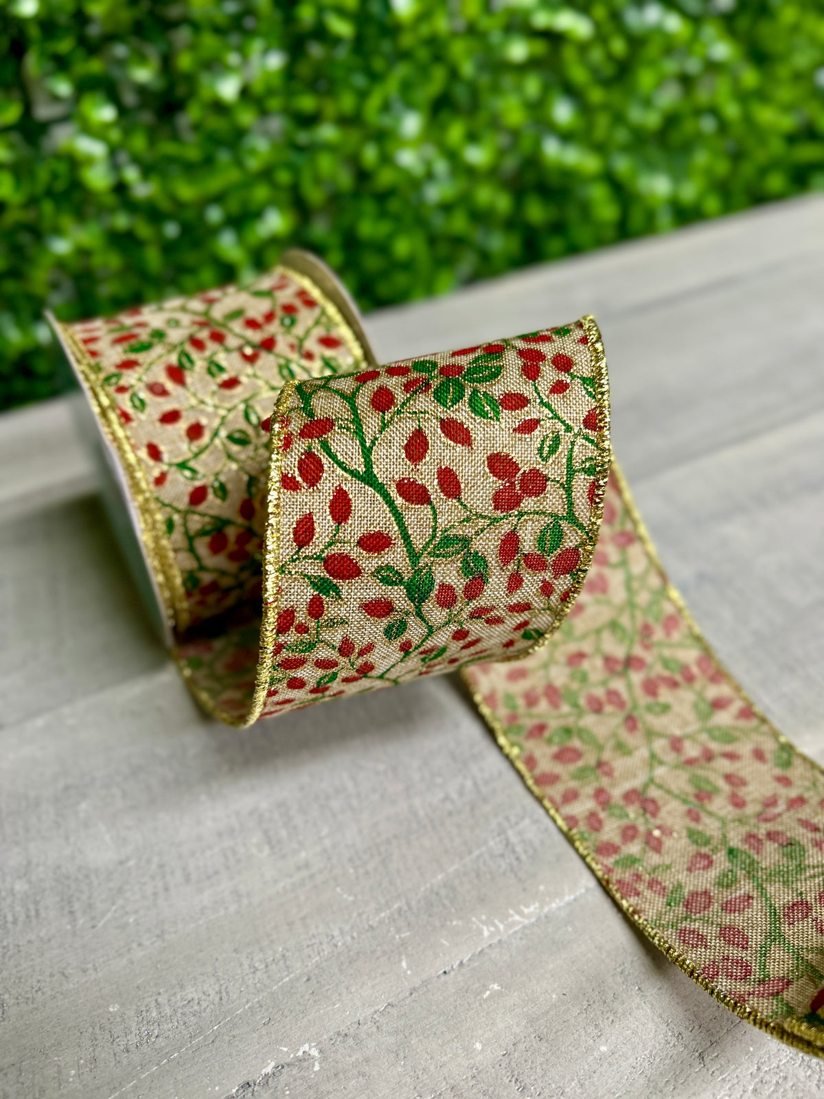 2.5 Inch By 10 Yard Beige Mini Berries And Vines On Royal Ribbon