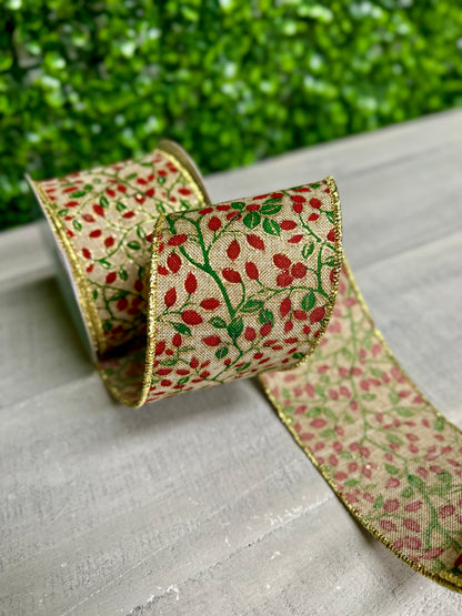 2.5 Inch By 10 Yard Beige Mini Berries And Vines On Royal Ribbon