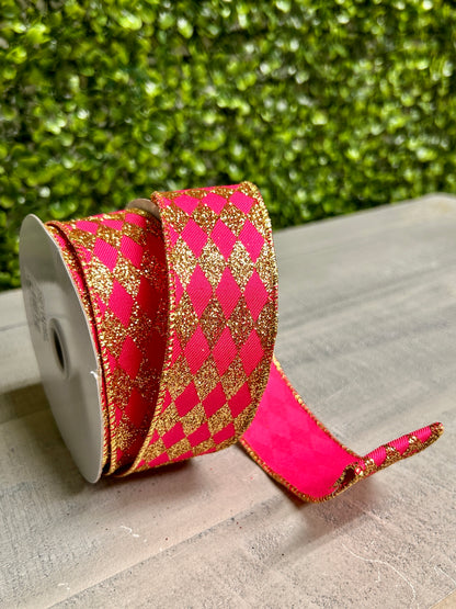 1.5 Inch By 10 Yard Fuchsia And Gold Glitter Harlequin Ribbon