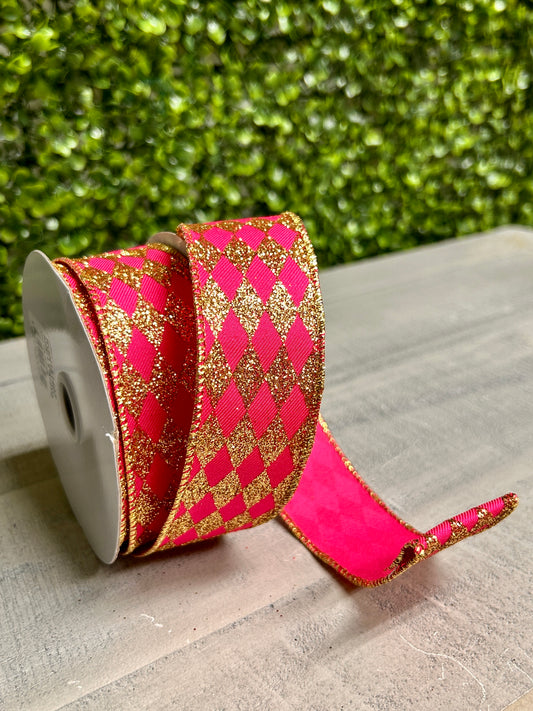 1.5 Inch By 10 Yard Fuchsia And Gold Glitter Harlequin Ribbon