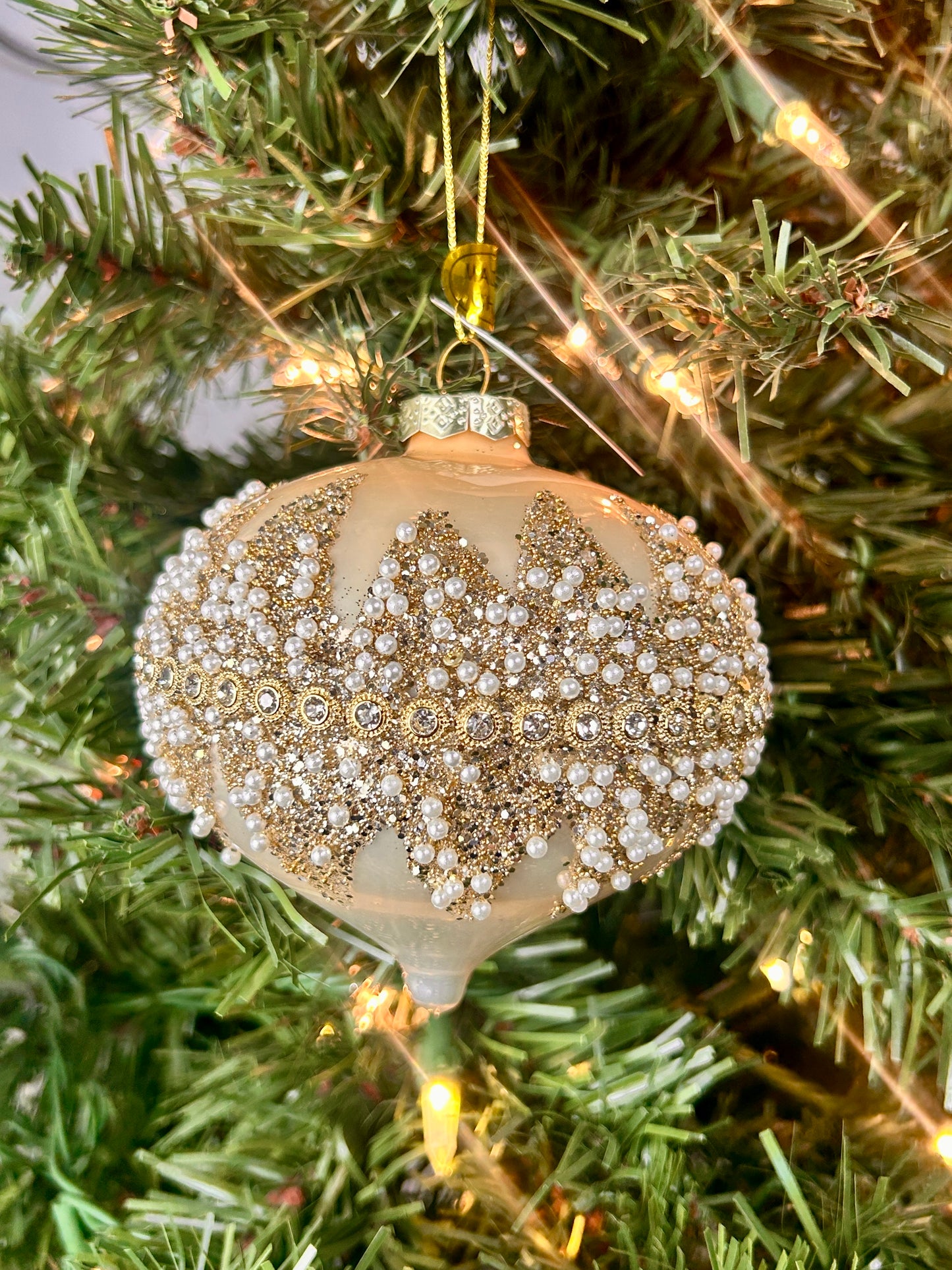 4 Inch Champagne And Cream Beaded Glass Ornament Three Assorted