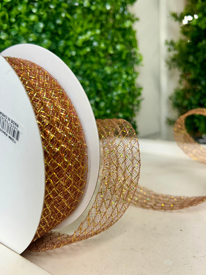 1.5 Inch By 30 Yard Brown With Laser Gold Foil Deco Flex Ribbon