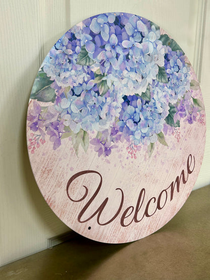12 Inch Metal Welcome Hydrangea Sign