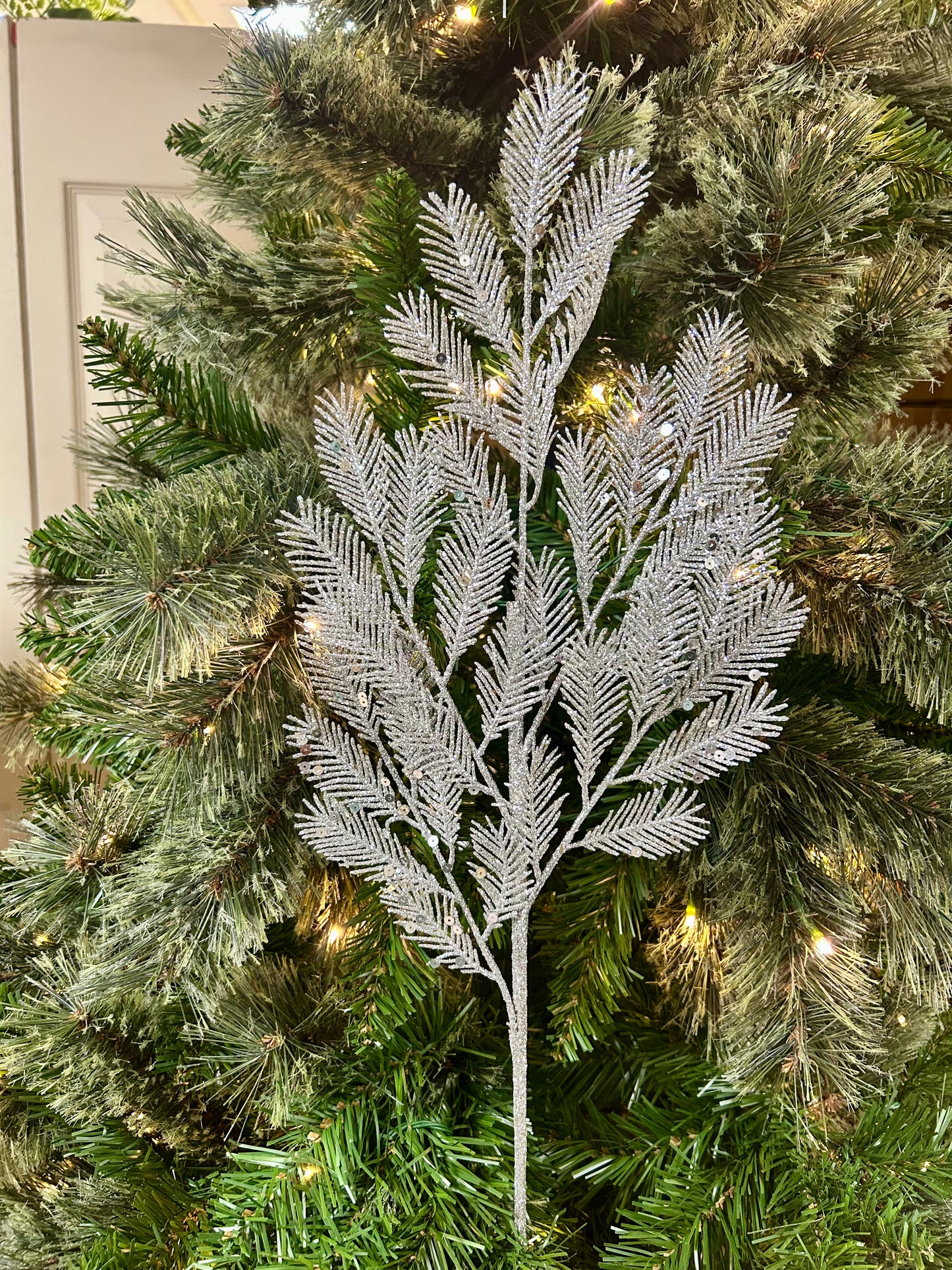 24 Inch Silver Glitter Sequin Fern Spray