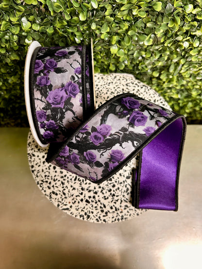 2.5 Inch By 10 Yards Violet And Lilac Roses And Vines Fused Ribbon
