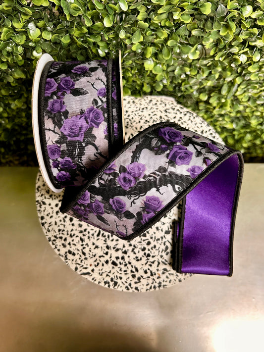 2.5 Inch By 10 Yards Violet And Lilac Roses And Vines Fused Ribbon