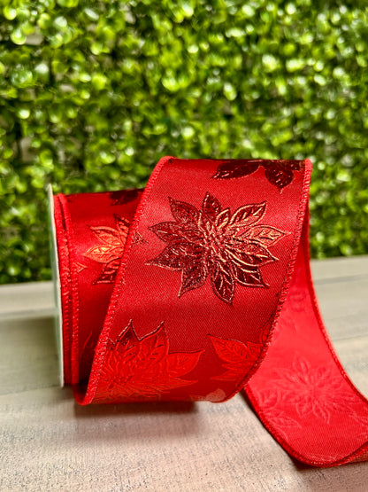 2.5 Inch By 10 Yard Red Metallic Poinsettia Ribbon