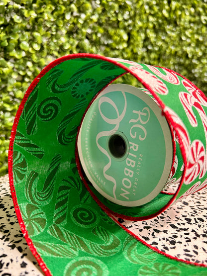 2.5 Inch By 10 Yard Glitter Peppermint And Candy Cane Ribbon