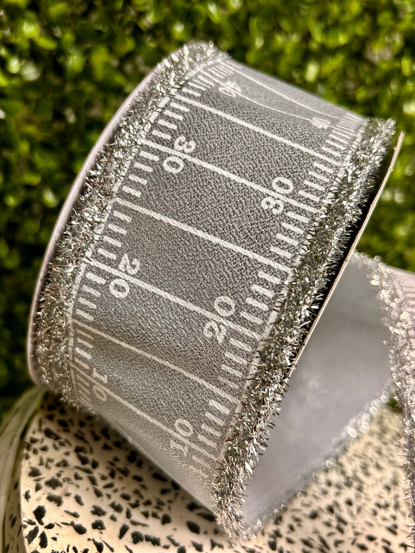 2.5 Inch By 10 Yard Silver And White Football Homecoming With Tinsel Edge Ribbon