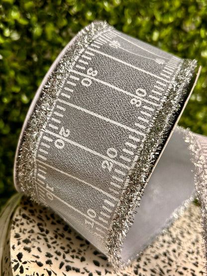 2.5 Inch By 10 Yard Silver And White Football Homecoming With Tinsel Edge Ribbon