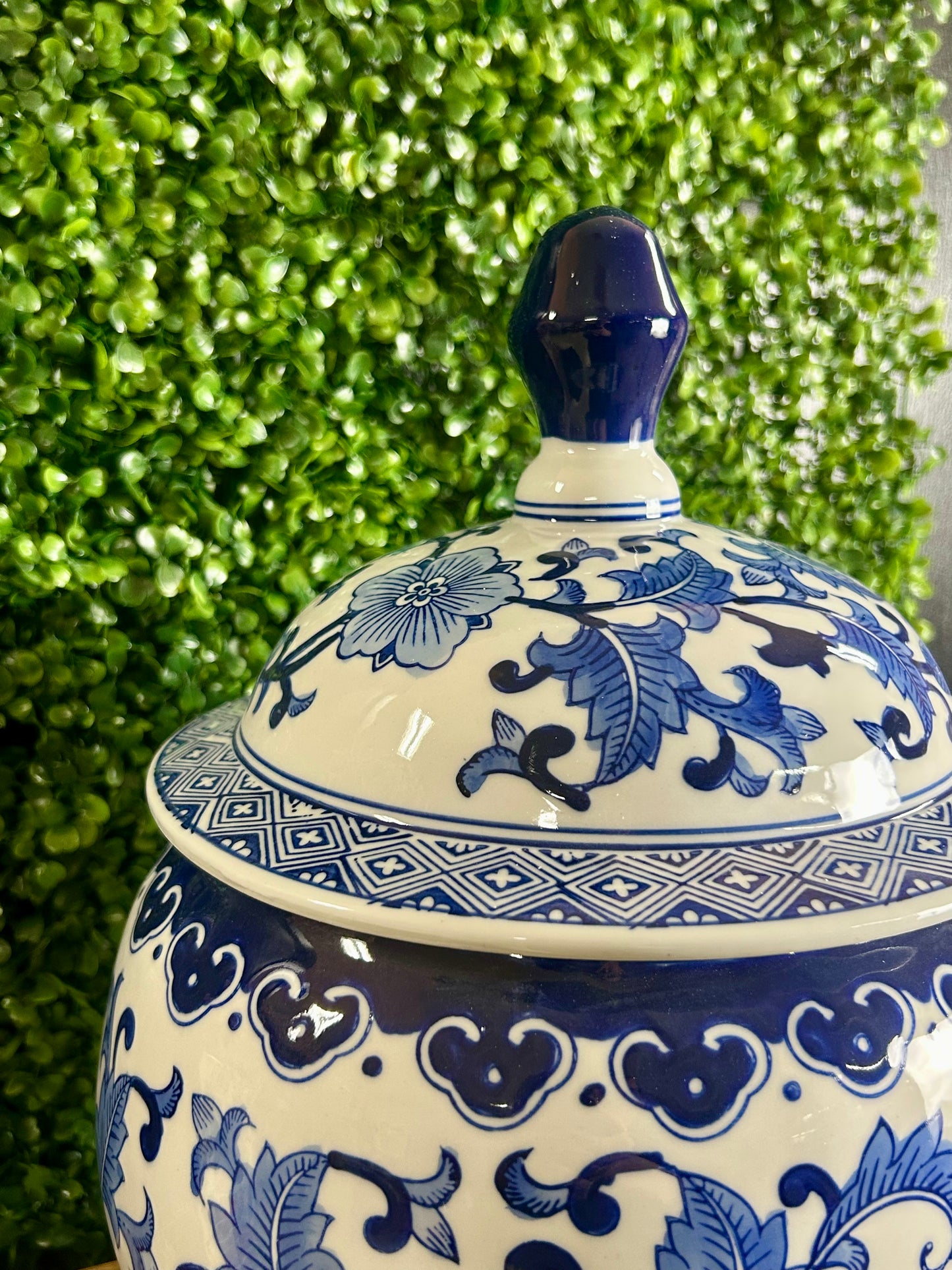 14.25 Inch Royal Blue And White Ceramic Lidded Ginger Jar