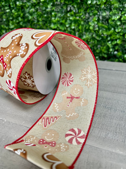 2.5 Inch By 10 Yard Cream Red And Brown Gingerbread Ribbon