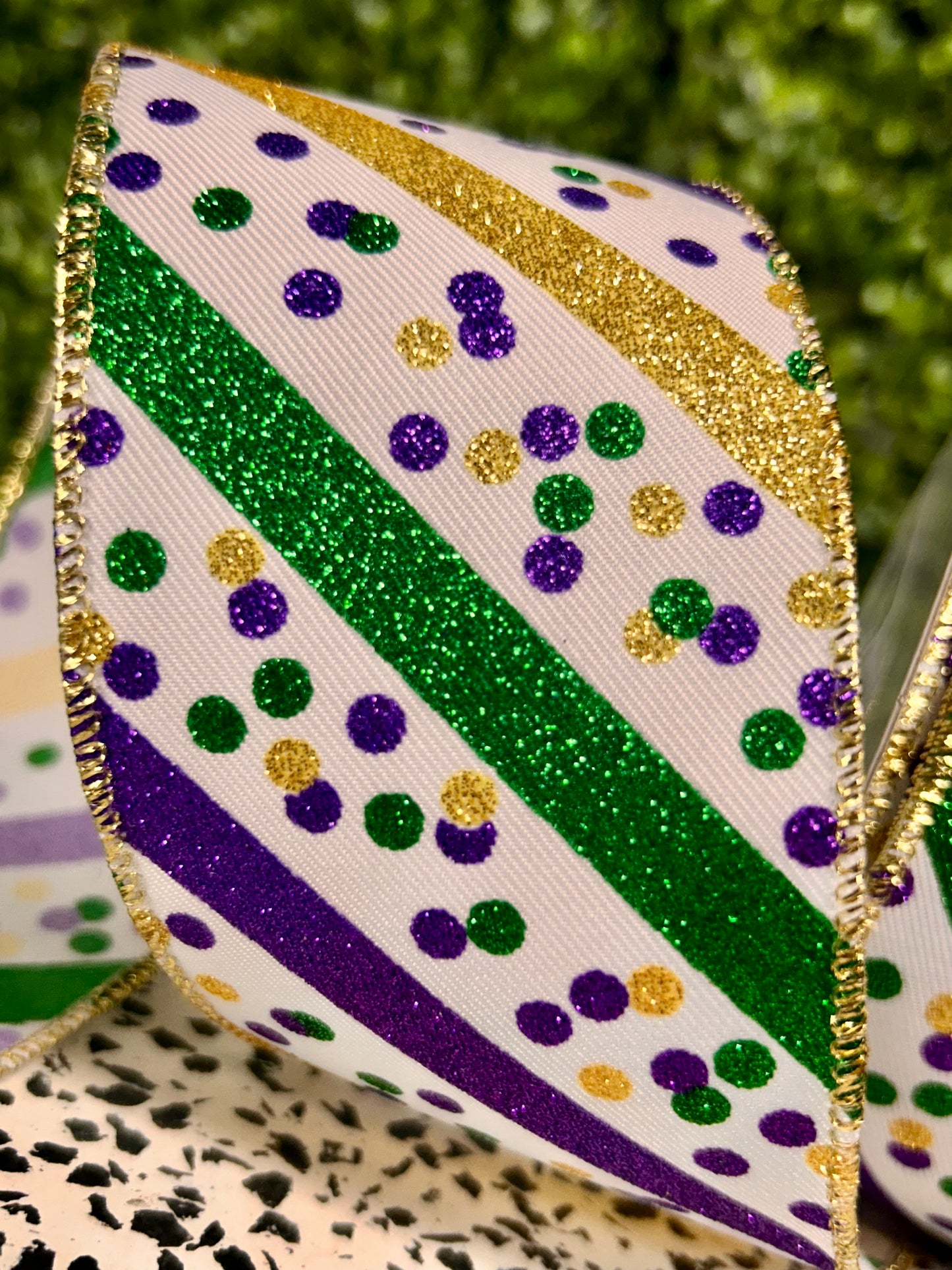 2.5 Inch By 10 Yard Mardi Gras Glitter Stripe With Confetti Dots Ribbon
