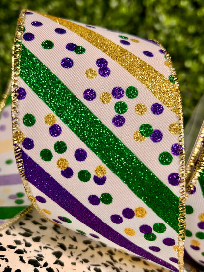 2.5 Inch By 10 Yard Mardi Gras Glitter Stripe With Confetti Dots Ribbon
