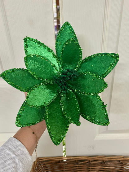 20 Inch Emerald Green Satin And Glitter Poinsettia
