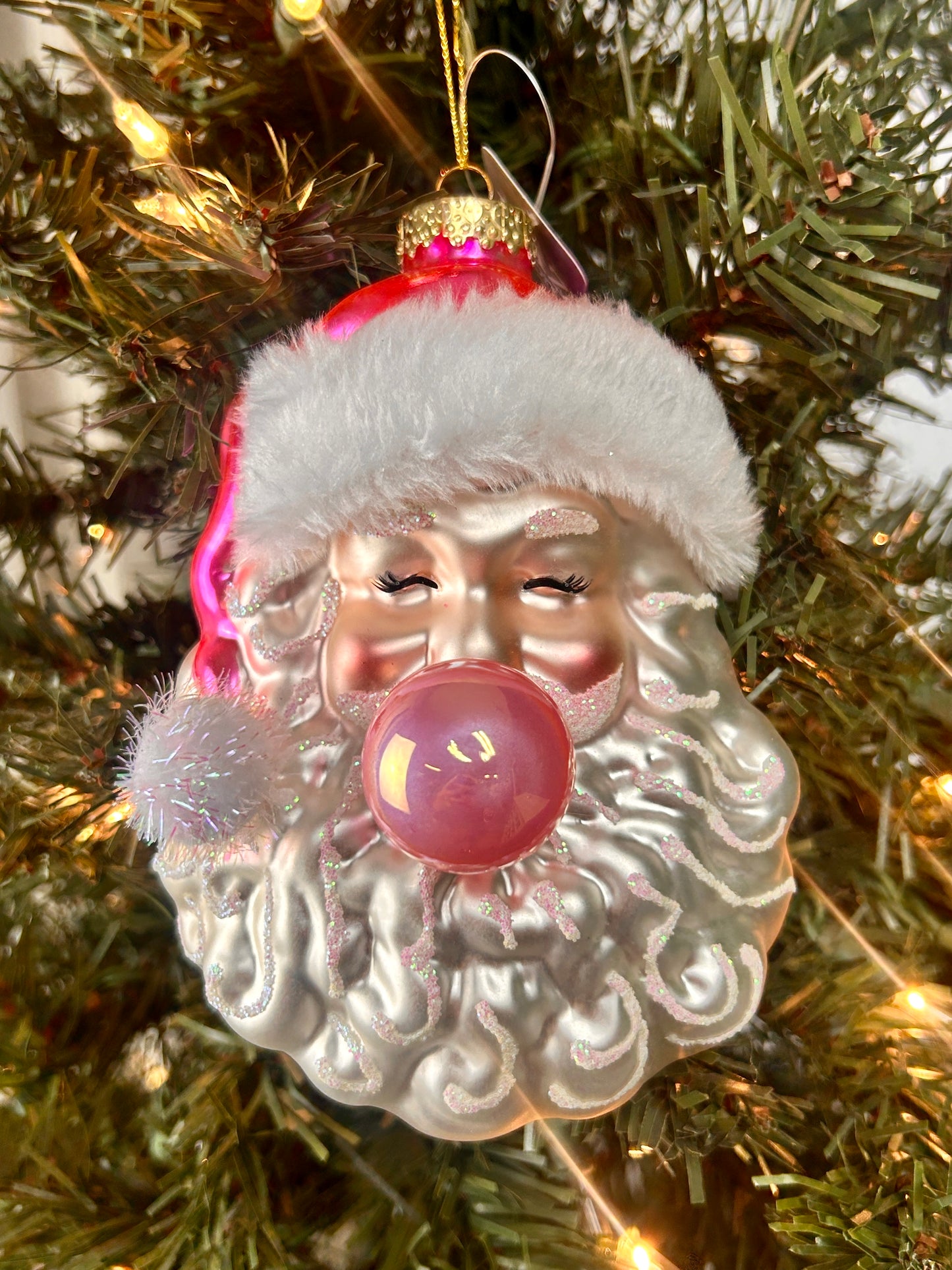 6 Inch Pink Bubblegum Glass Santa Ornament
