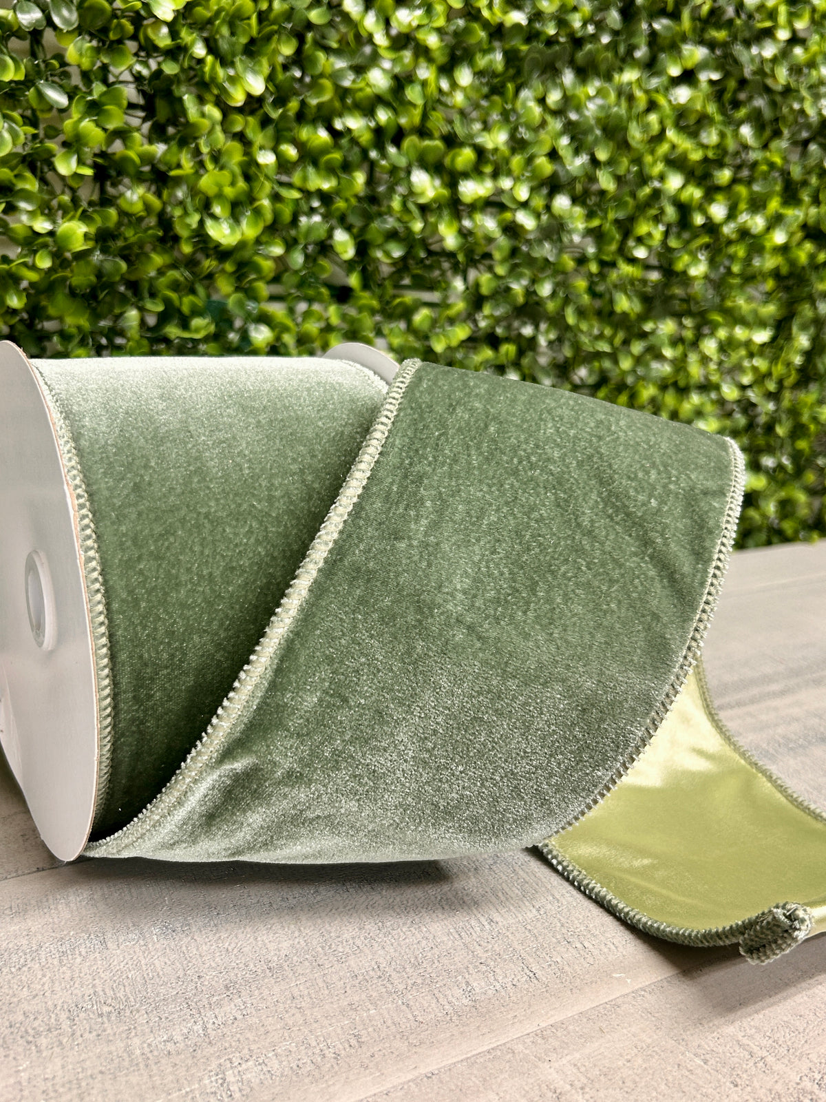 4 Inch By 10 Yard Sage Green Deluxe Velvet With Satin Backing Ribbon
