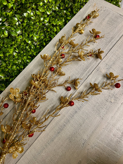 45 Inch Gold Glittered Wild Flower Spray With Red Glitter Berries
