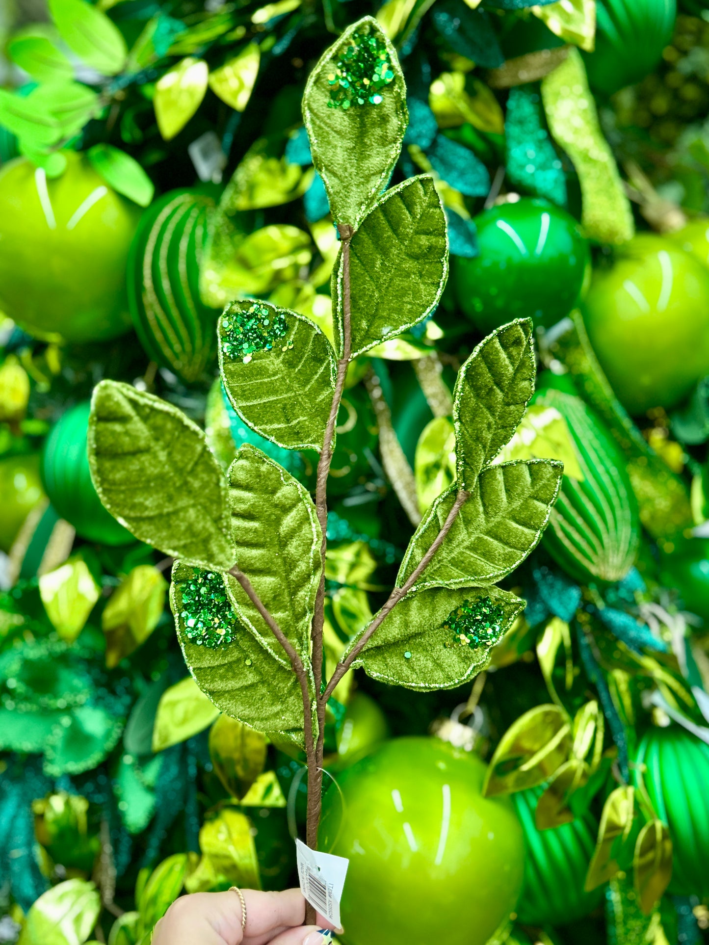 27 Inch Moss Green Velvet And Glitter Magnolia Leaf Spray