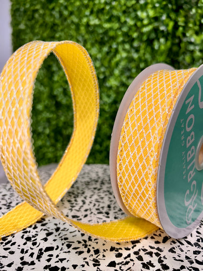7/8 Inch By 10 Yard Yellow And White Mini Harlequin Glitter Ribbon
