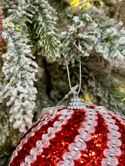 5 Inch Red And White Sequin Ball Ornament