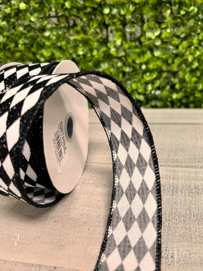 1.5 Inch By 10 Yard White And Black Glitter Harlequin Ribbon