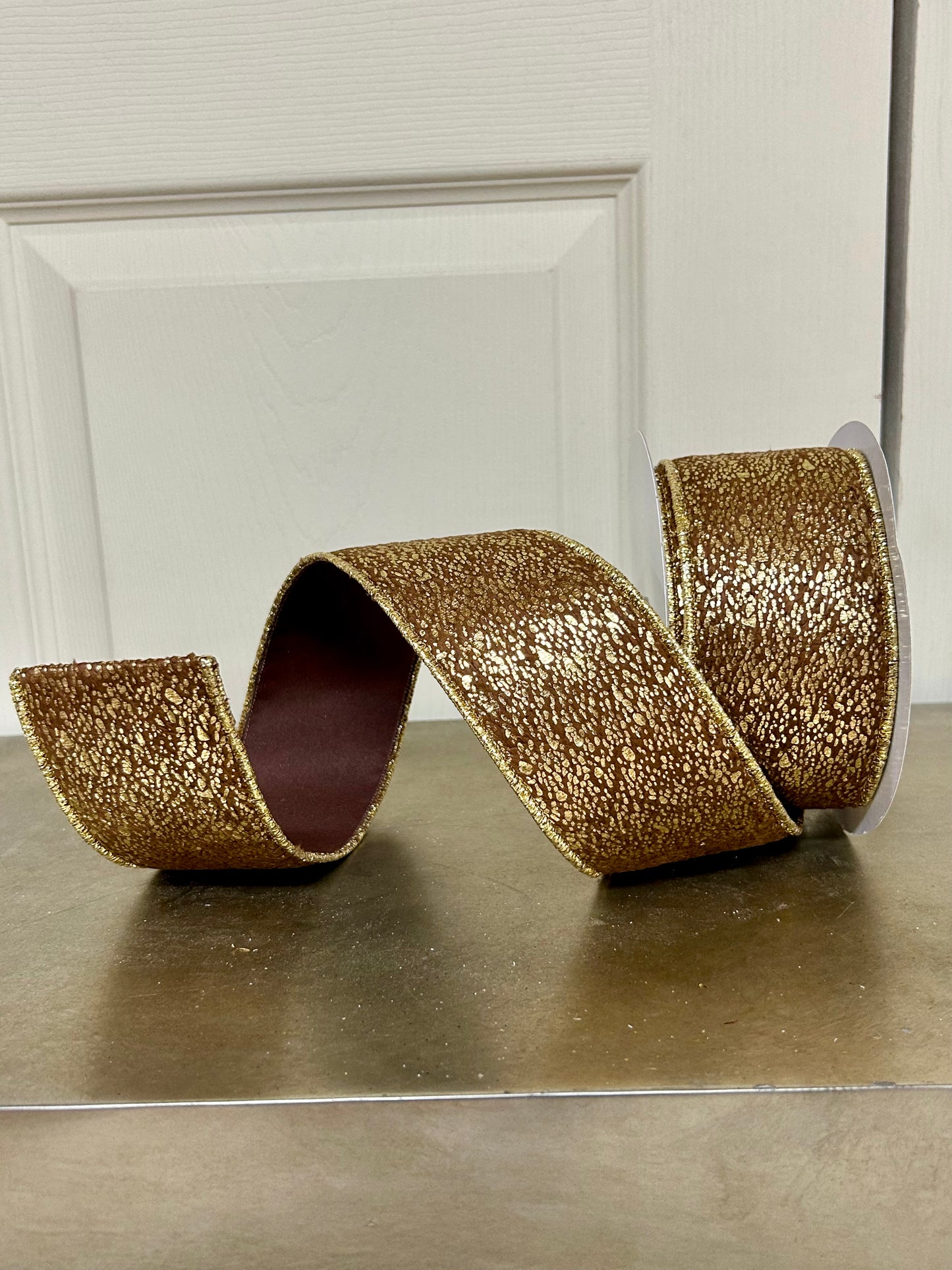 2.5 Inch By 10 Yard Brown Short Fur Gold Metallic Ribbon