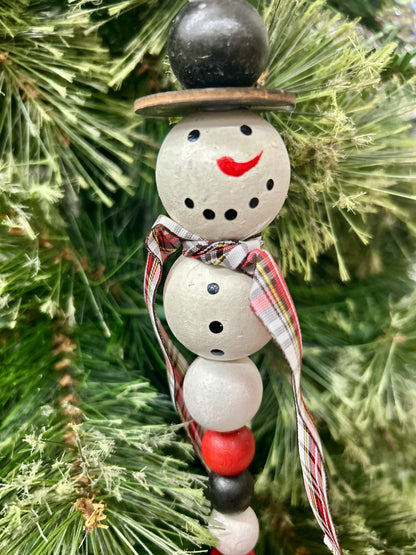 21 Inch Wood Bead Snowman With Plaid Ornament